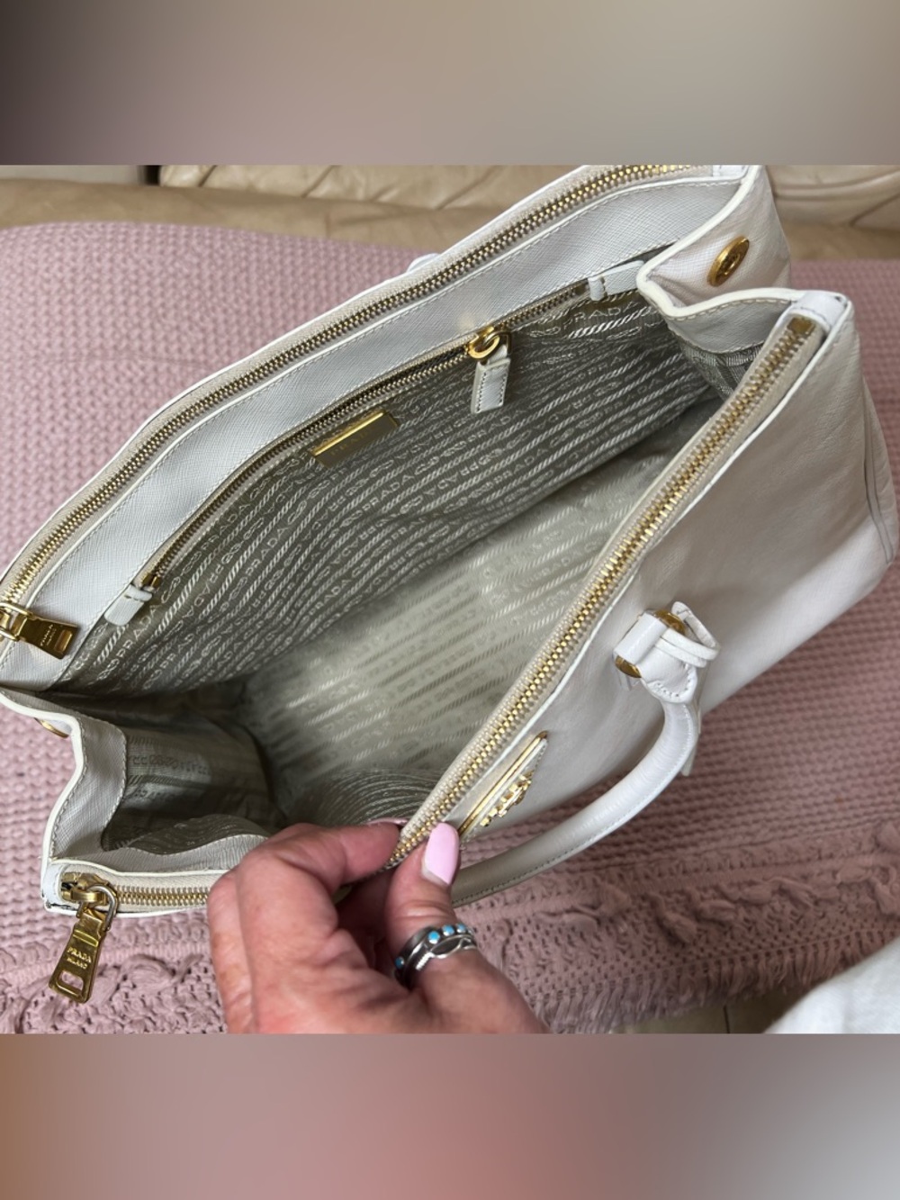 Prada White Saffiano Leather Double-Zip Satchel Tote - Picture 8 of 17